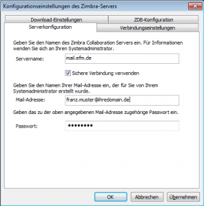 Servereinstellungen für Zimbra Outlook Connector